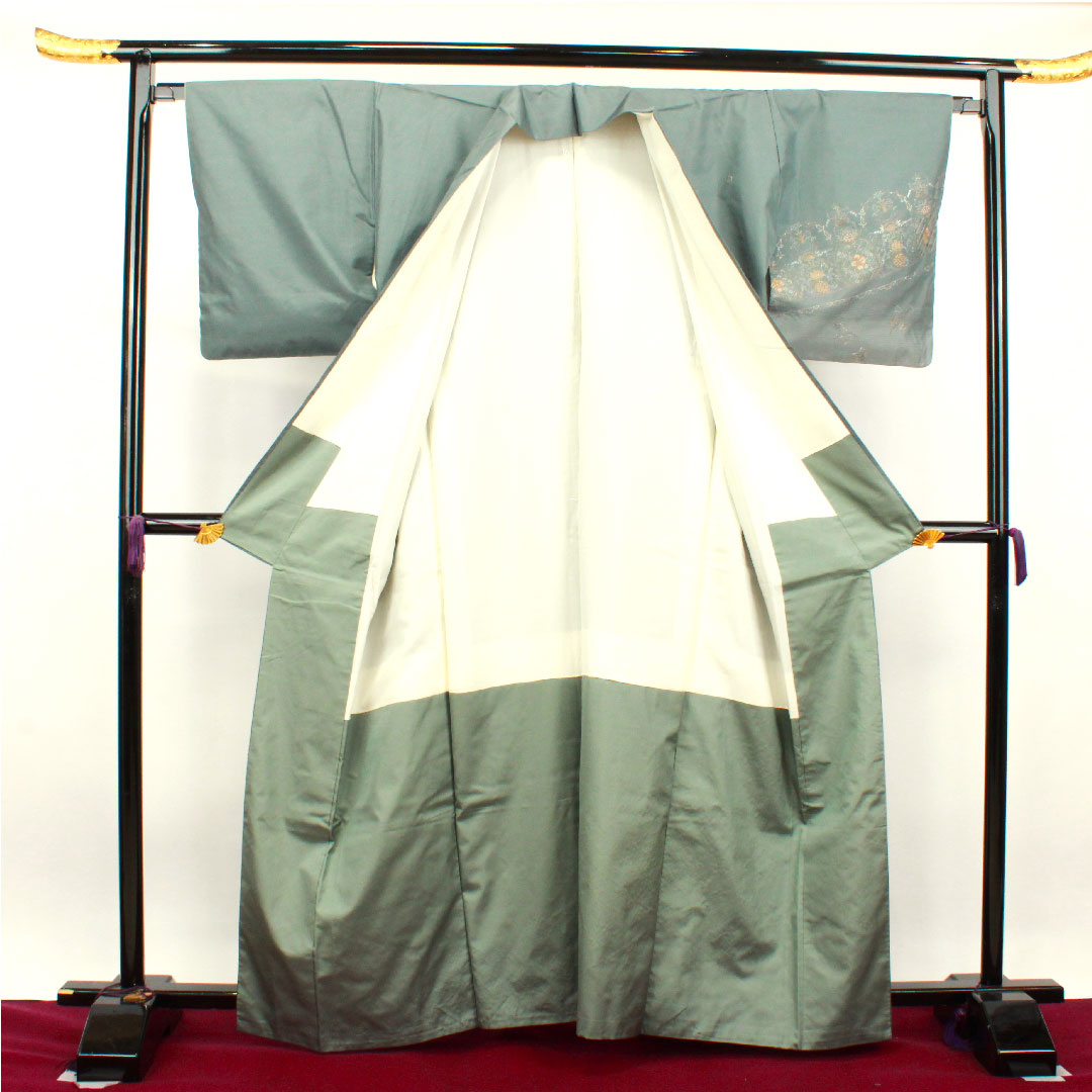 訪問着 正絹 袷 身丈162cm 裄丈65cm 灰青色 蘇州刺繡 紬地 抽象模様 Aランク グレー系 1112002813422