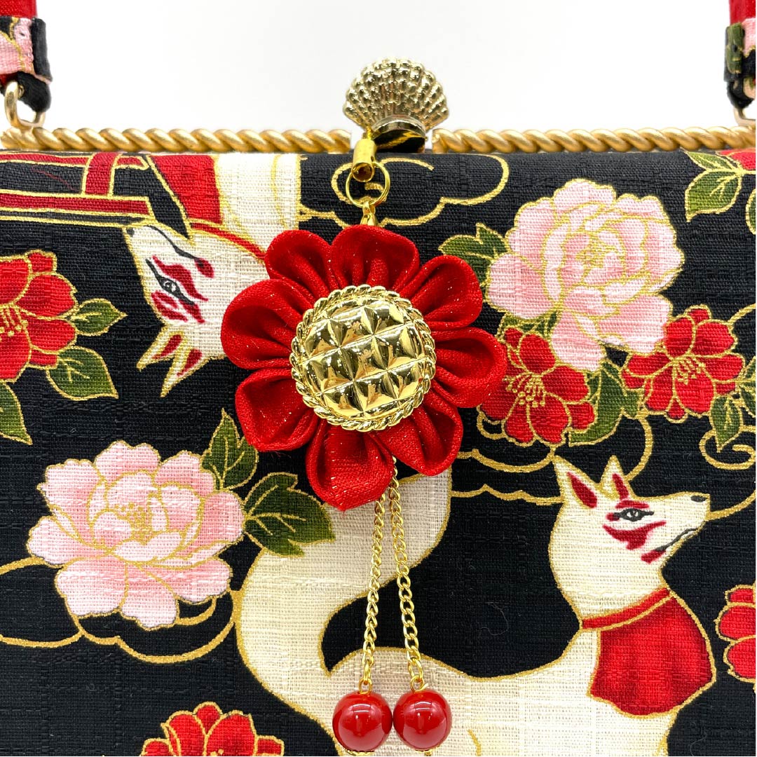 和装バック カジュアル 黒色(くろいろ) 花柄 狐 動物柄 黒系 NEWランク 113900031110