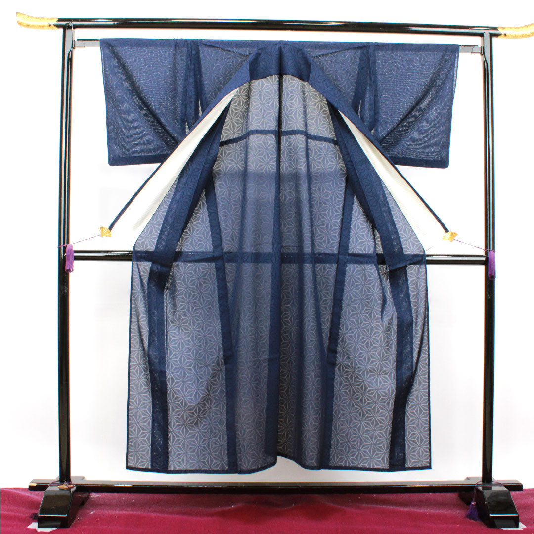 Summer item, pure silk, plain color, length 153cm, sleeve length 64cm, dark blue, hemp leaf pattern, gauze, S rank, navy blue, 1132000982218
