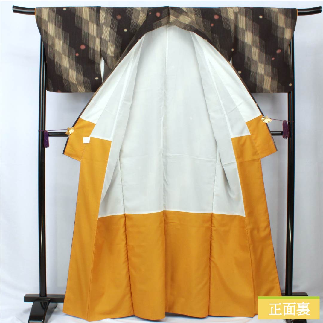 小紋 ポリエステル 身丈166.5cm 裄丈69cm 袷 網代 水玉 洗える着物 Sランク 黒系 1115005862510