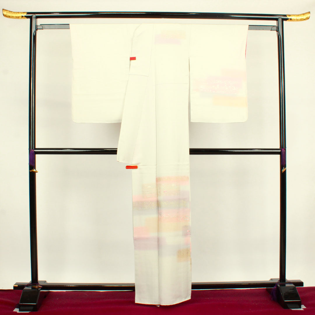 訪問着 袷 身丈162cm 裄丈64cm 胡粉色 金彩加工 刺繡 正絹 Aランク グレー系 1112002363422