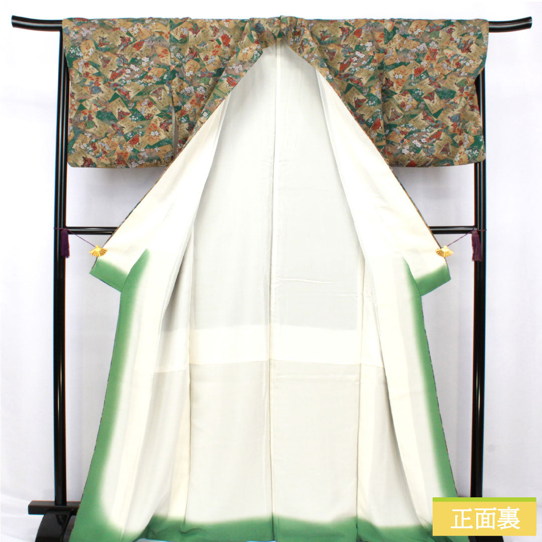 小紋 正絹 Sランク 身丈166cm 裄丈66cm 袷 柚葉色(ゆばいろ) ちりめん地 百人一首 緑系 1115007652519