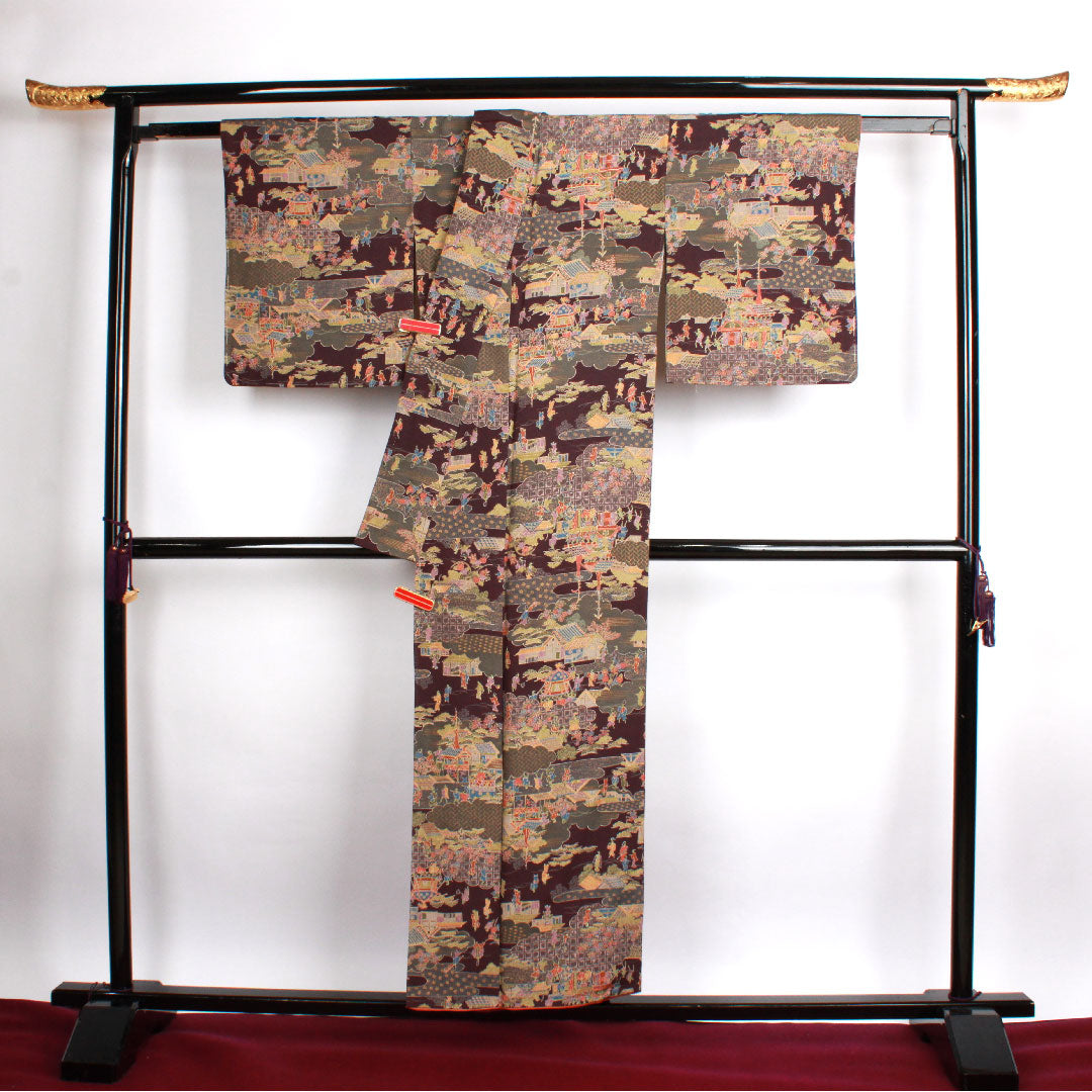 小紋 身丈153.5cm 裄丈65cm 袷 紫烏色 時代人物風景模様 正絹 Sランク 紫系 1115002322220