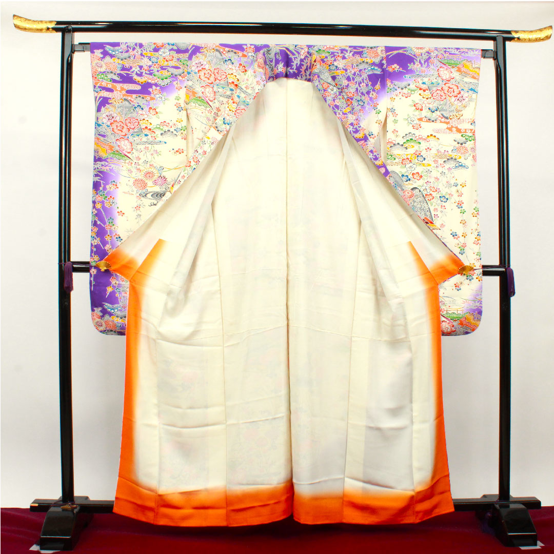 振袖 身丈162cm 裄丈65cm 袷 京紅型 松竹梅 菊 風景模様 正絹 Sランク 白系 1113001632411