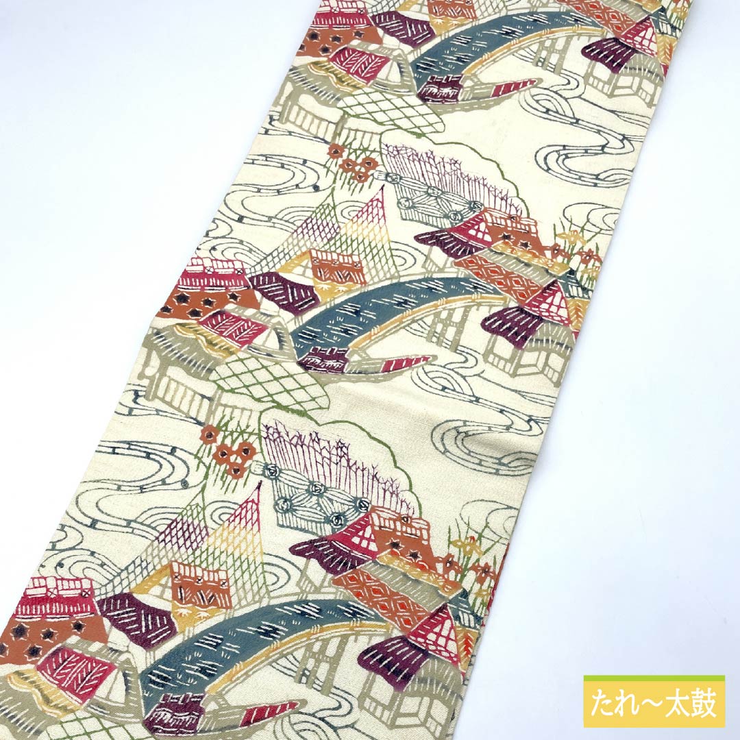 名古屋帯 生成り色(きなりいろ) 型染 紬地 風景模様 帯丈363cm 正絹 Sランク 全通 カジュアル クリーム系 1124007892315 名古屋仕立て