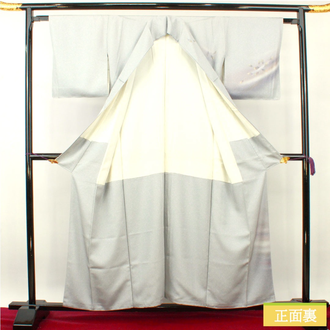 Homongi, pure silk, lined, length 156.5cm, sleeve length 63cm, cupronickel color, taped dye, leaf pattern, with basting thread, unused, S rank, gray, 1112003612322