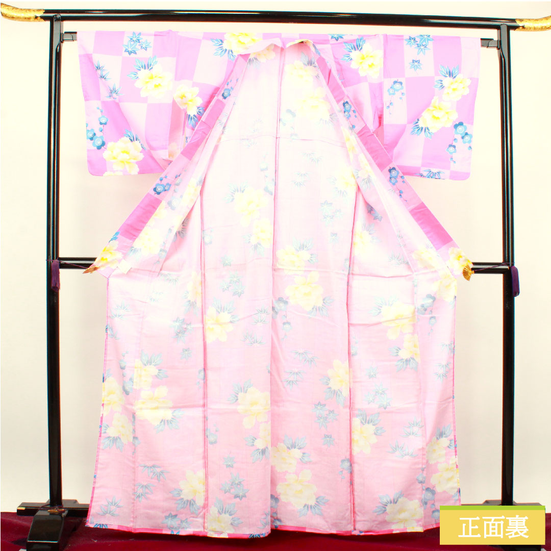 Yukata Cotton Length 165.5cm Sleeve length 66cm S rank Single layer Pink Checkered Peony Plum Autumn leaves 1118004652513