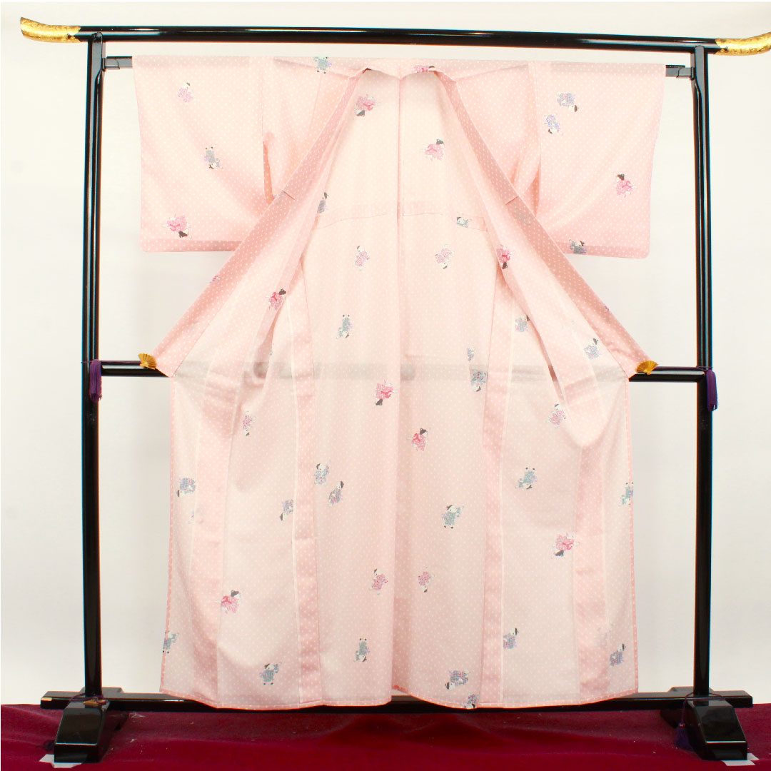 Summer kimono, polyester, small pattern, length 158cm, sleeve length 64cm, dawn color, washable kimono, silk, S rank, pink, 1132001462313