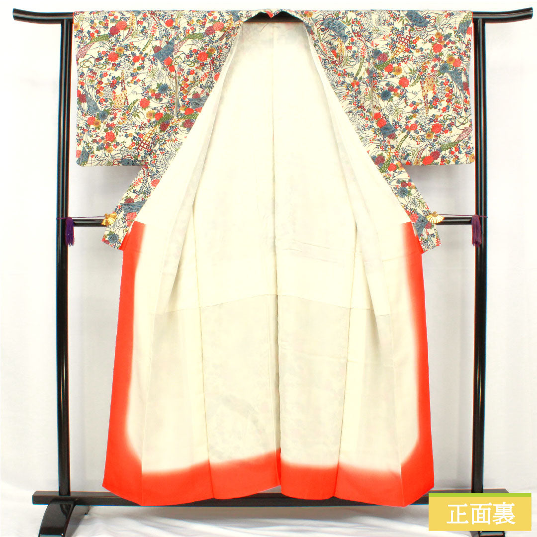 小紋 正絹 身丈154cm 裄丈63cm 袷 乳白色(にゅうはくしょく) 京紅型 吉祥文様 Bランク クリーム系 1115004844215