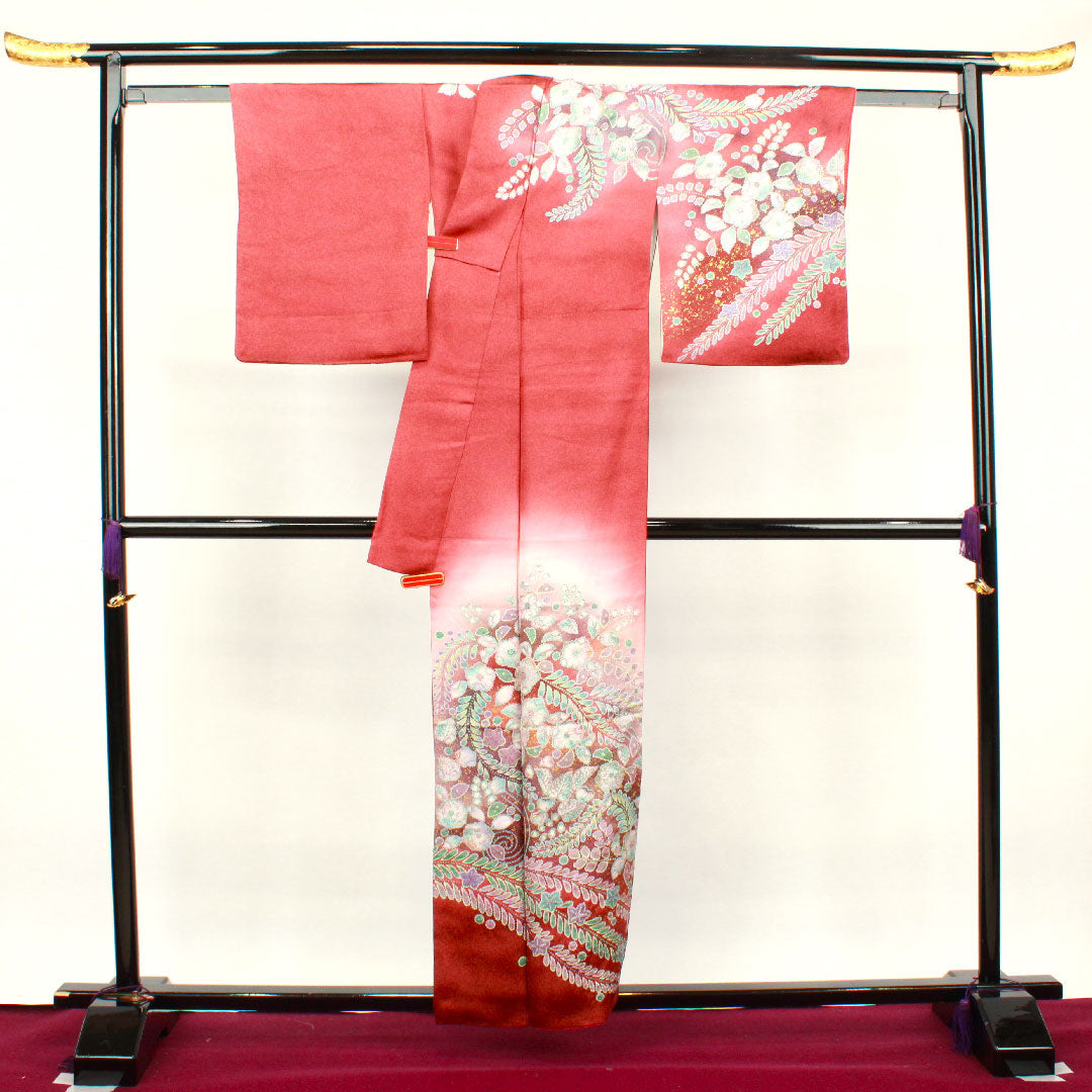 Homongi, lined, length 157cm, sleeve length 62cm, red birch color, Kyo-Yuzen, Tsujigahana, pure silk, S rank, red, 1112002262312
