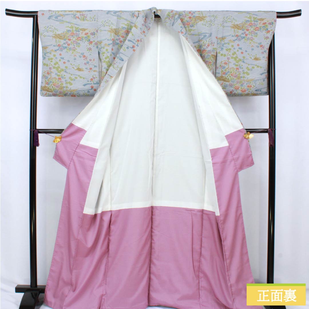 Small-patterned polyester kimono, S rank, length 166cm, sleeve length 66cm, lined, blue-gray (seitai-nezuiro) with flowing water and floral motifs, washable, light blue, 1115007392524