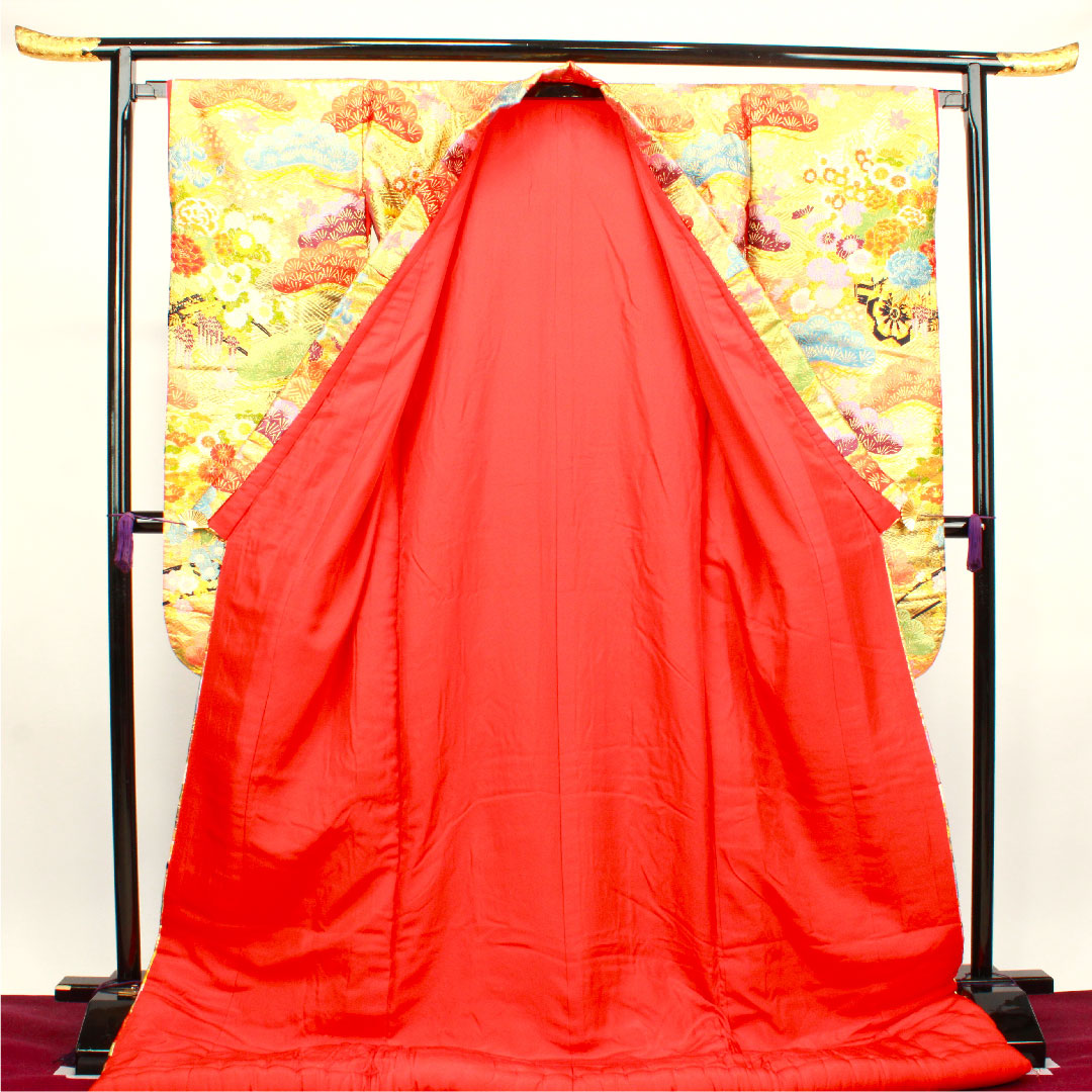 色打掛 身丈195cm 唐織 松 菊 花車 正絹 Sランク 袷 朱系 1110000412916