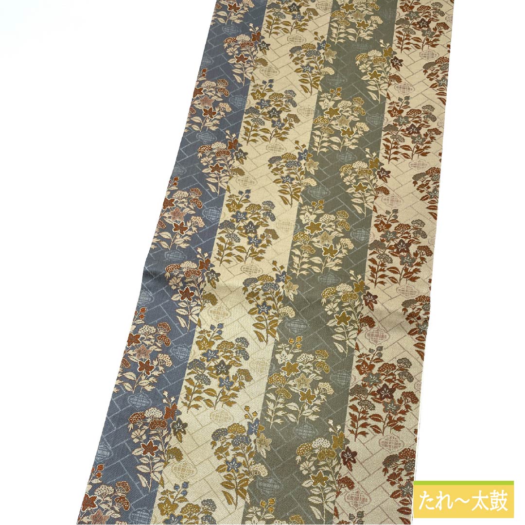 袋帯 正絹 蕎麦切色(そばきりいろ) 花模様 檜垣 京袋帯 帯丈372cm Sランク 全通 カジュアル ベージュ系 1123012792325