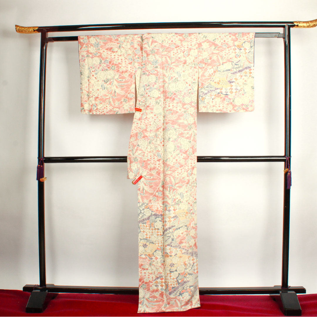 小紋 身丈164cm 裄丈64cm 袷 宍色 辻ヶ花 正絹 Sランク ピンク系 1115002272413