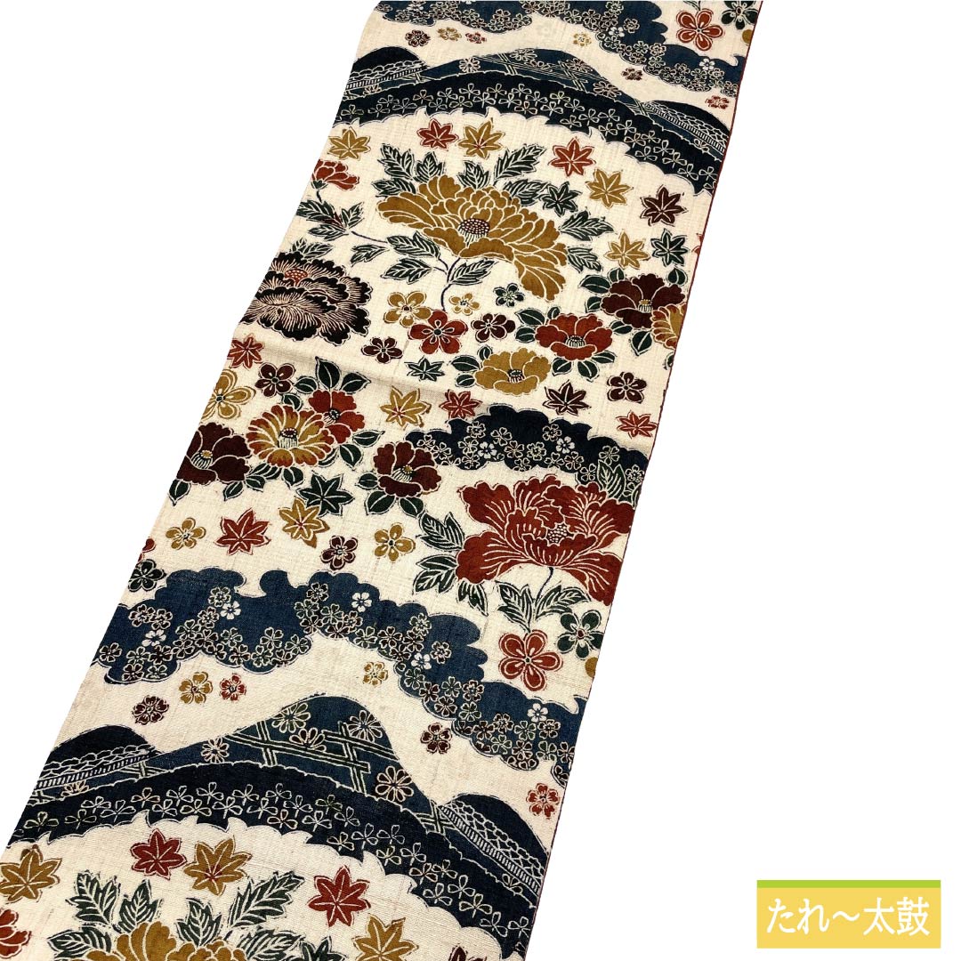 名古屋帯 正絹 Sランク 開き仕立て 練色(ねりいろ) 型染 草花模様 花柄 帯丈372cm 全通 カジュアル クリーム系 1124012172315