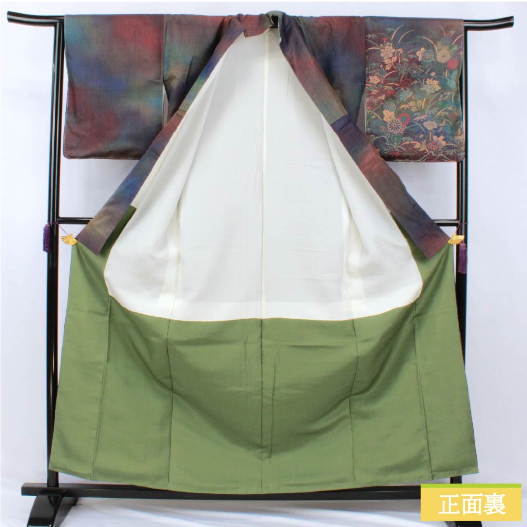 訪問着 正絹 Sランク 袷 身丈161cm 裄丈64cm 紬地 草花 しつけ糸付き グラデーション系 1112007012499