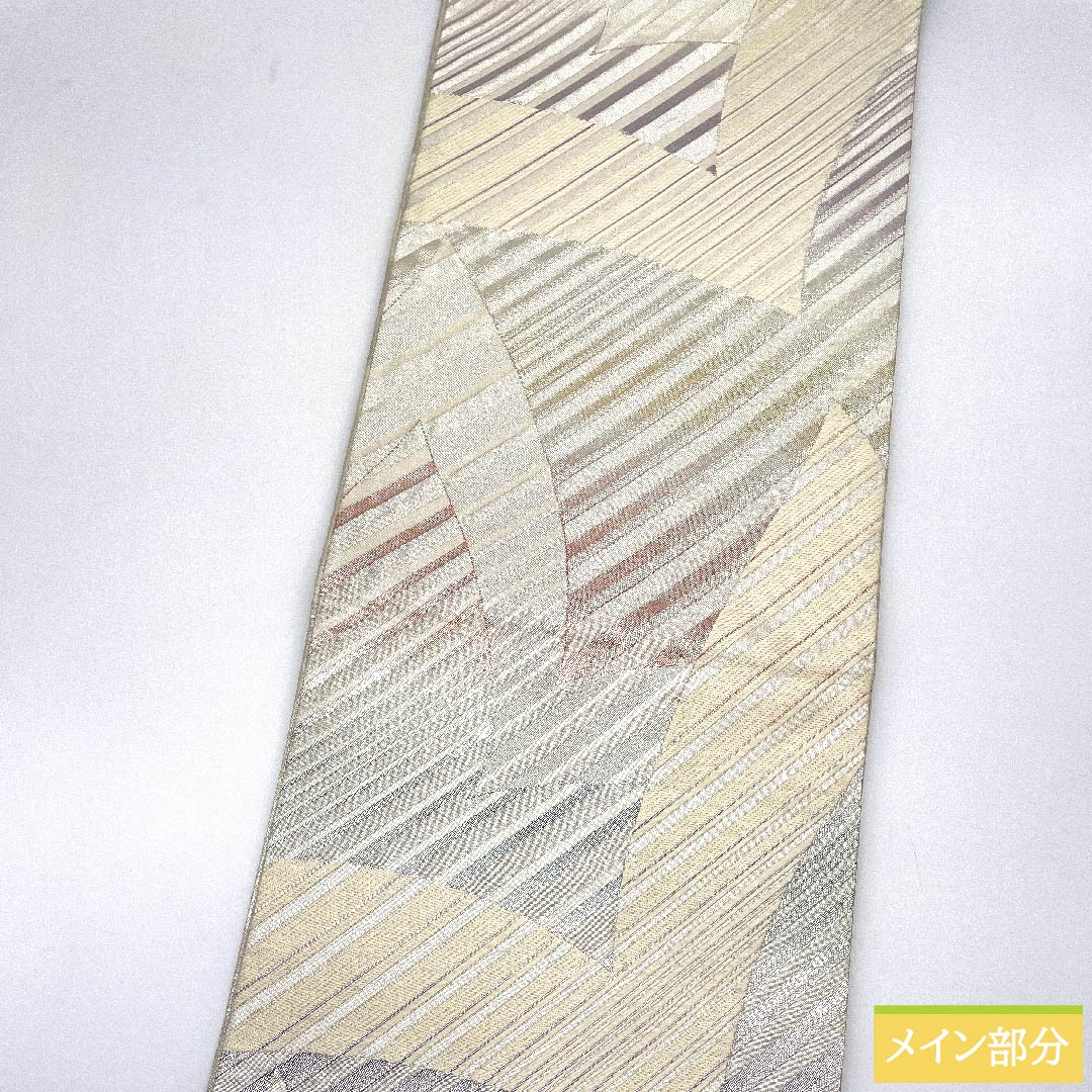 袋帯 銀色 幾何学模様 蝶 亀甲 菱 帯丈426cm 正絹 Sランク 全通 フォーマル 銀系 1123010342322