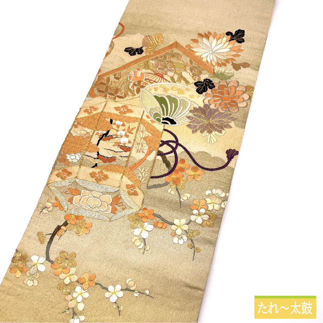 (丸帯)袋帯 正絹 鳥の子色(とりのこいろ) 丸帯 アンティーク 刺繍 帯丈410cm Aランク ポイント柄 フォーマル ベージュ系 1123013863325