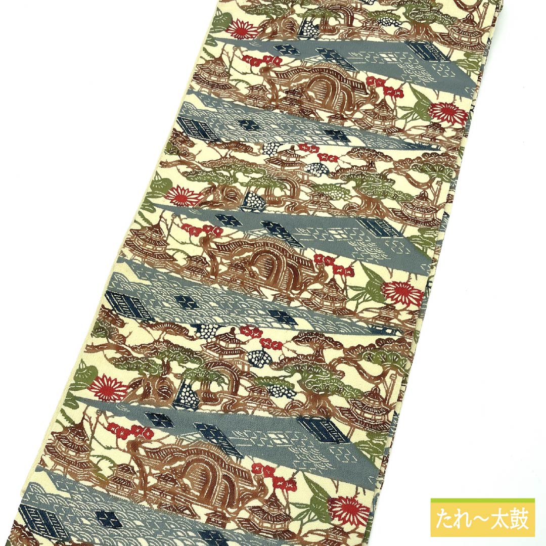 Nagoya obi, pure silk, gyoshikou-iro (fish roe yellow), Kyoto Bingata, Bingata-style pattern, landscape pattern, obi length 341cm, A rank, six-pass, semi-formal, beige, 1124007213325, Nagoya style