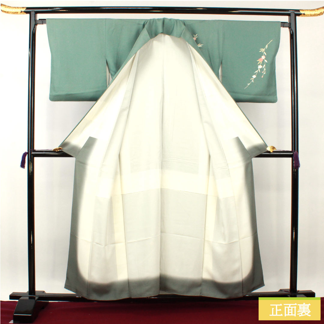 Homongi, pure silk, lined, length 156cm, sleeve length 65.5cm, rust celadon color, Kyo-Yuzen, auspicious pattern, A rank, green, 1112003673319