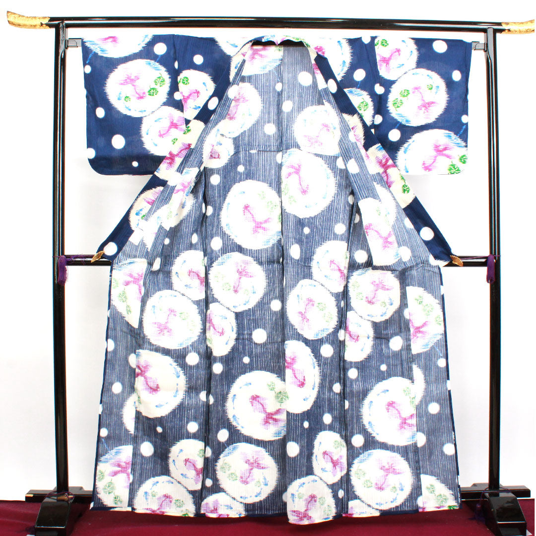 浴衣 紺桔梗色 抽象模様 木綿 Aランク 単衣 身丈163cm 裄丈68cm 紺系 1118001333418