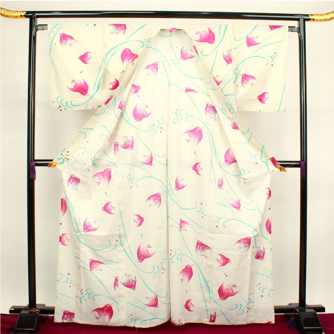 浴衣 乳白色 千鳥 木綿 Sランク 単衣 身丈166.5cm 裄丈66.5cm クリーム系 1118001912515