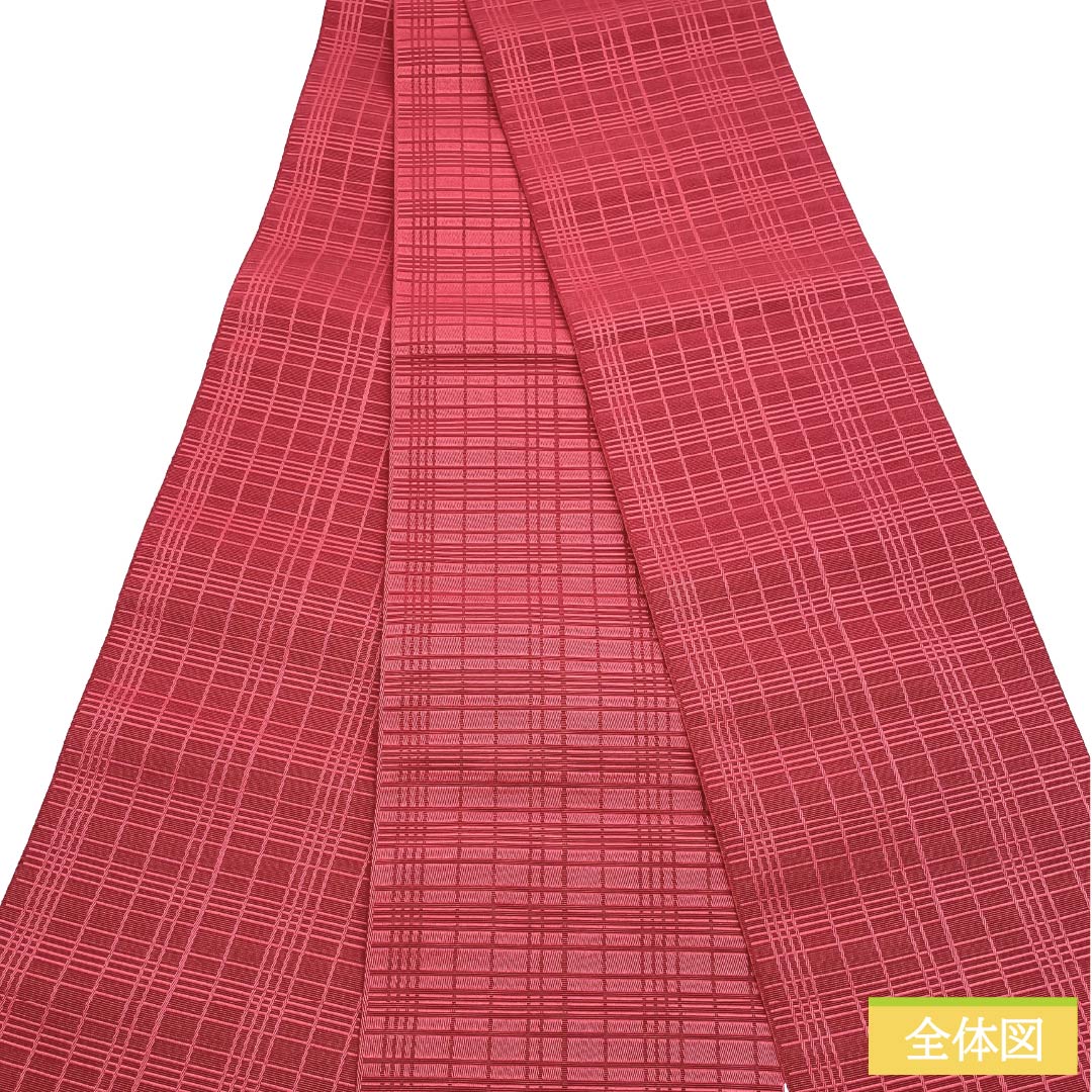 半幅帯 ポリエステル Sランク 火裏紅色(かりこういろ) 格子 広幅 帯丈351cm 赤系 1125003642312