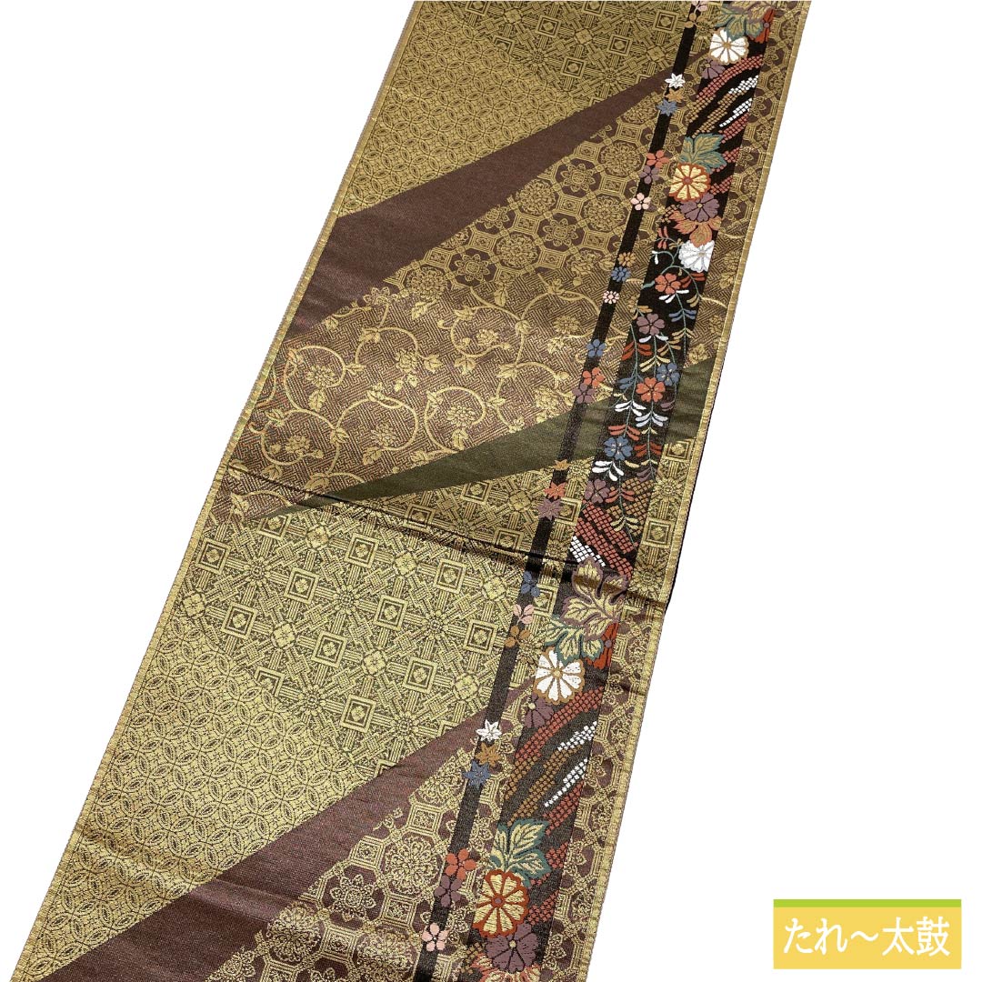 袋帯 正絹 Aランク 金色(きんいろ) 古典柄 縞 花 帯丈438cm 六通 セミフォーマル グラデーション系 1123018633399