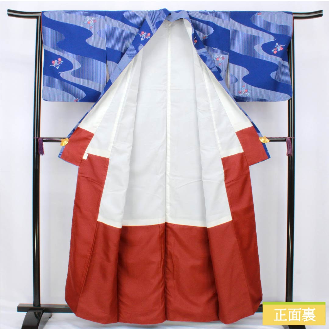 小紋 ポリエステル Sランク 身丈162cm 裄丈65.5cm 袷 瑠璃色(るりいろ) 流水 花 洗える着物 青系 1115007512417