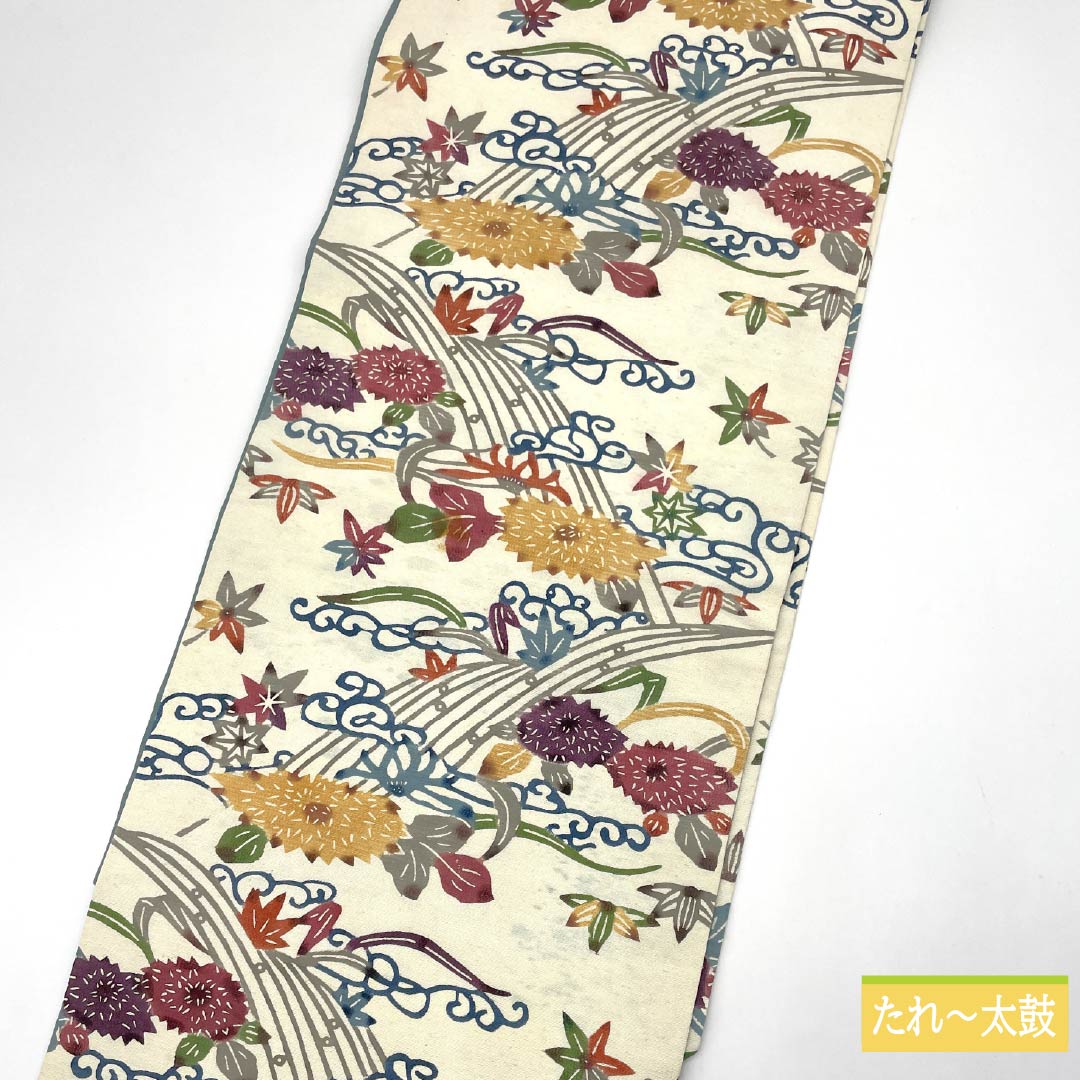 名古屋帯 生成り色(きなりいろ) 京紅型 抽象花 紅葉 帯丈350cm 正絹 Bランク 六通 カジュアル クリーム系 1124006954315 名古屋仕立て