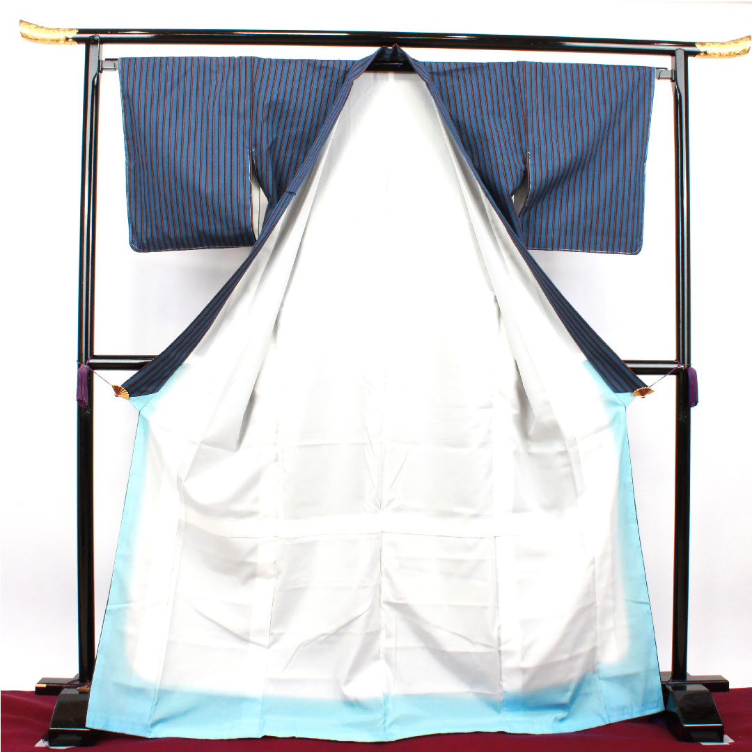 紬 身丈171cm 裄丈66.5cm 紺藤色 洗える着物 縞 しつけ糸付き 未使用品 ポリエステル Sランク 袷 青系 1116002742617