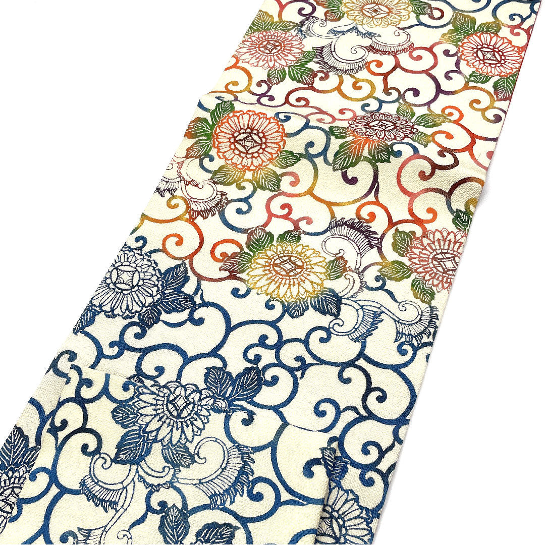 作り帯 型染 染め帯 唐花模様 帯丈100cm 正絹 Aランク 六通 カジュアル 白系 1124002173311