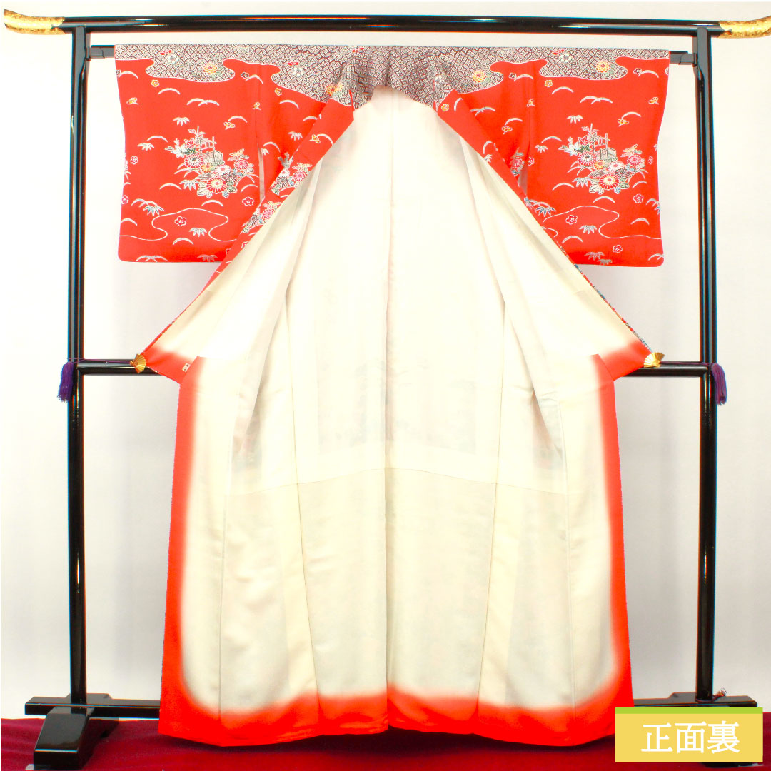 訪問着 正絹 袷 身丈163cm 裄丈64.5cm 猩々緋色 京紅型 吉祥文様 Sランク 朱系 1112004072416