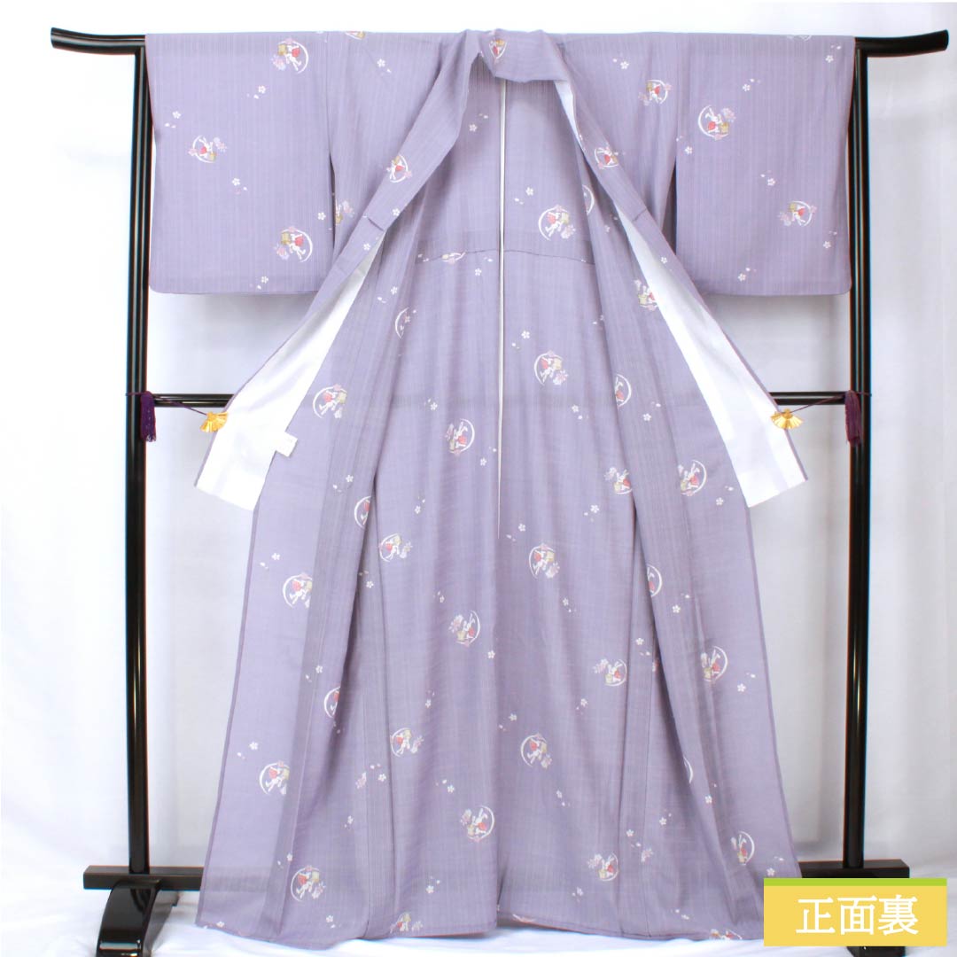 夏物 ポリエステル 小紋 身丈167cm 裄丈64.5cm 紅湊色(べにみなといろ) 月見うさぎ 洗える着物 紗 Sランク 紫系 1132002172520