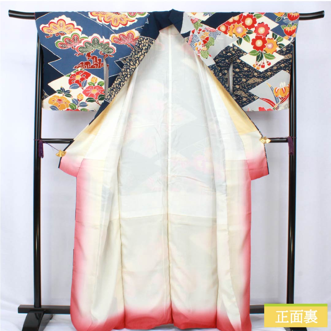 訪問着 正絹 Aランク 袷 身丈164.5cm 裄丈68cm 紺色(こんいろ) 京紅型 栗山吉三郎 栗山公房 紺系 1112006443418