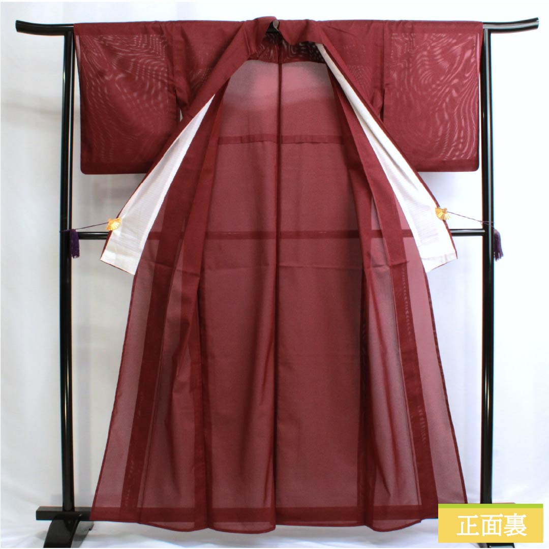 夏物 ポリエステル 色無地 Aランク 身丈160.5cm 裄丈64.5cm 臙脂色(えんじいろ) 洗える着物 絽 赤系 1132003083412