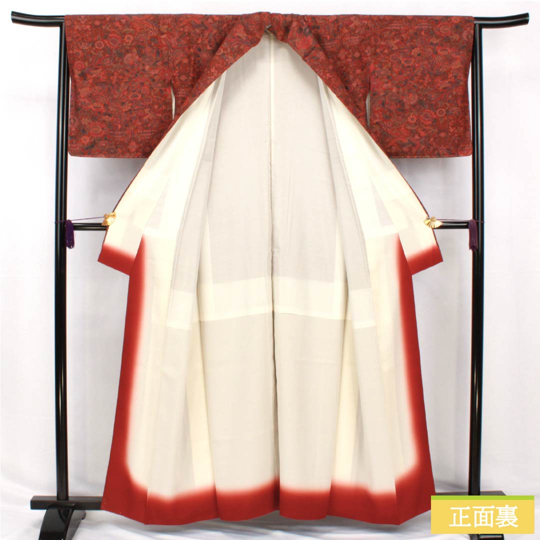 小紋 正絹 身丈159.5cm 裄丈64cm 袷 猩々茶色(しょうじょうちゃいろ) 型染 更紗模様 しつけ糸付き Sランク 茶系 1115005012314