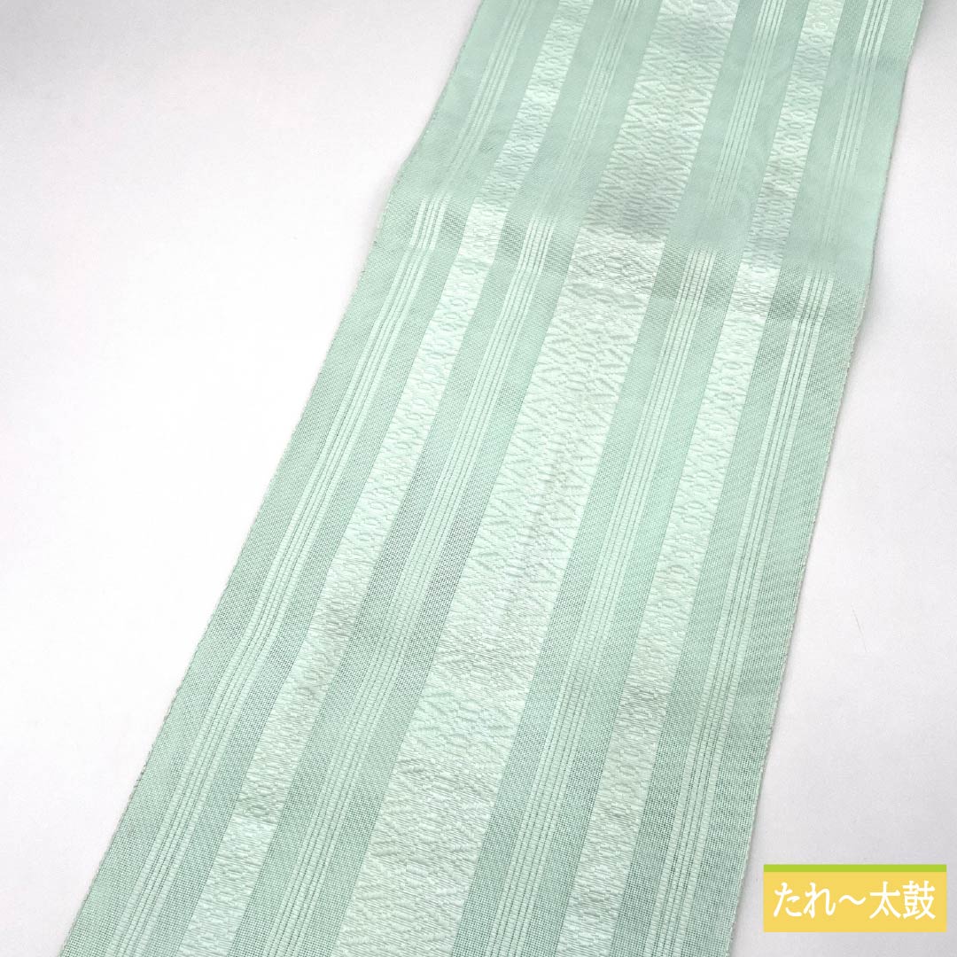 名古屋帯 正絹 薄浅葱色(うすあさぎいろ) 夏帯 博多織 献上柄 帯丈358cm Sランク 全通 カジュアル 緑系 1124006722319 松葉仕立て