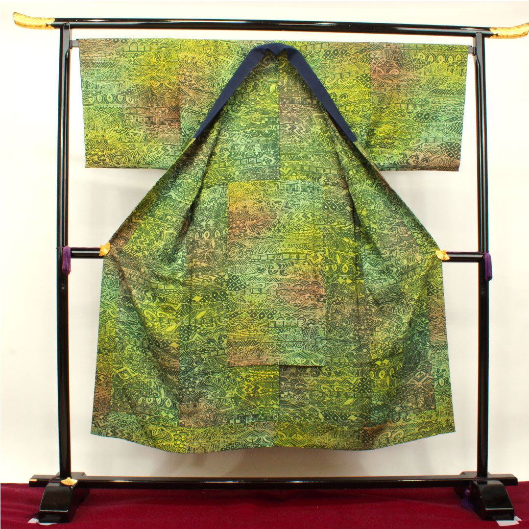 長襦袢 正絹 身丈148cm 裄丈70cm 単衣 男物 抽象模様 ボカシ染 Sランク 緑系 1129000582819