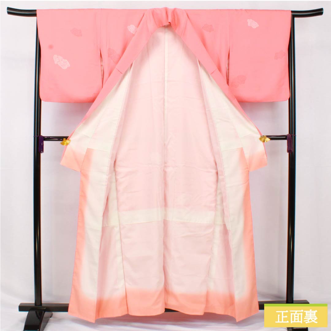 小紋 正絹 身丈158.5cm 裄丈64.5cm 袷 珊瑚色(さんごいろ) 抽象柄 Sランク ピンク系 1115005002313