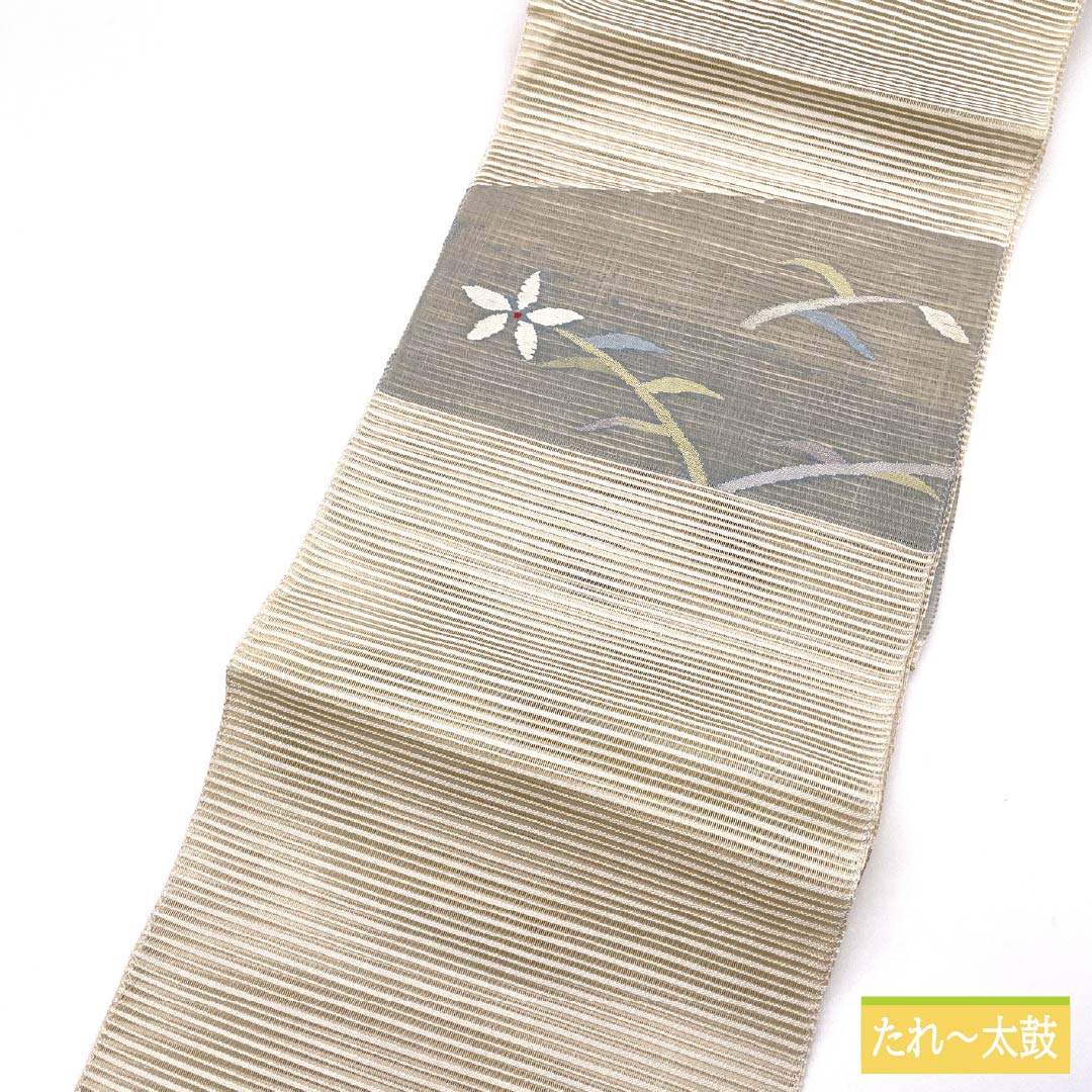 名古屋帯 正絹 生成り色(きなりいろ) 夏帯 すくい織 花模様 帯丈372cm Sランク ポイント柄 セミフォーマル クリーム系 1124008712315 松葉仕立て