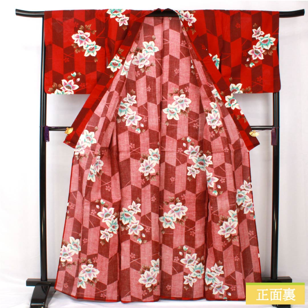 Yukata Cotton Length 165.5cm Sleeve length 67.5cm S rank Single layer Red Reddish red (akabeniiro) Arrow pattern Flower 1118005482512