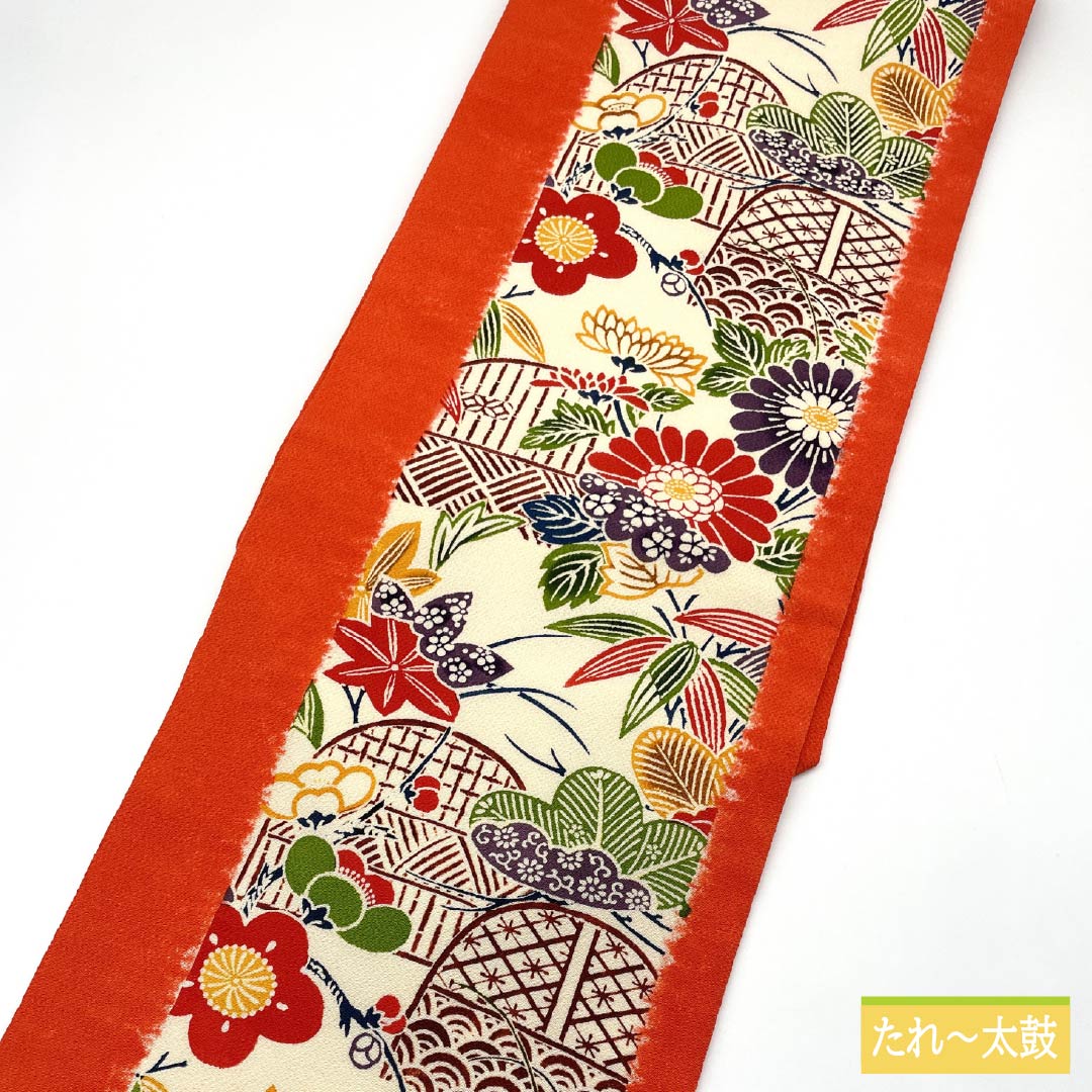 名古屋帯 京緋色(きょうひいろ) 京紅型 ちりめん地 菊 帯丈353cm 正絹 Sランク 全通 カジュアル 橙系 1124007632326 名古屋仕立て