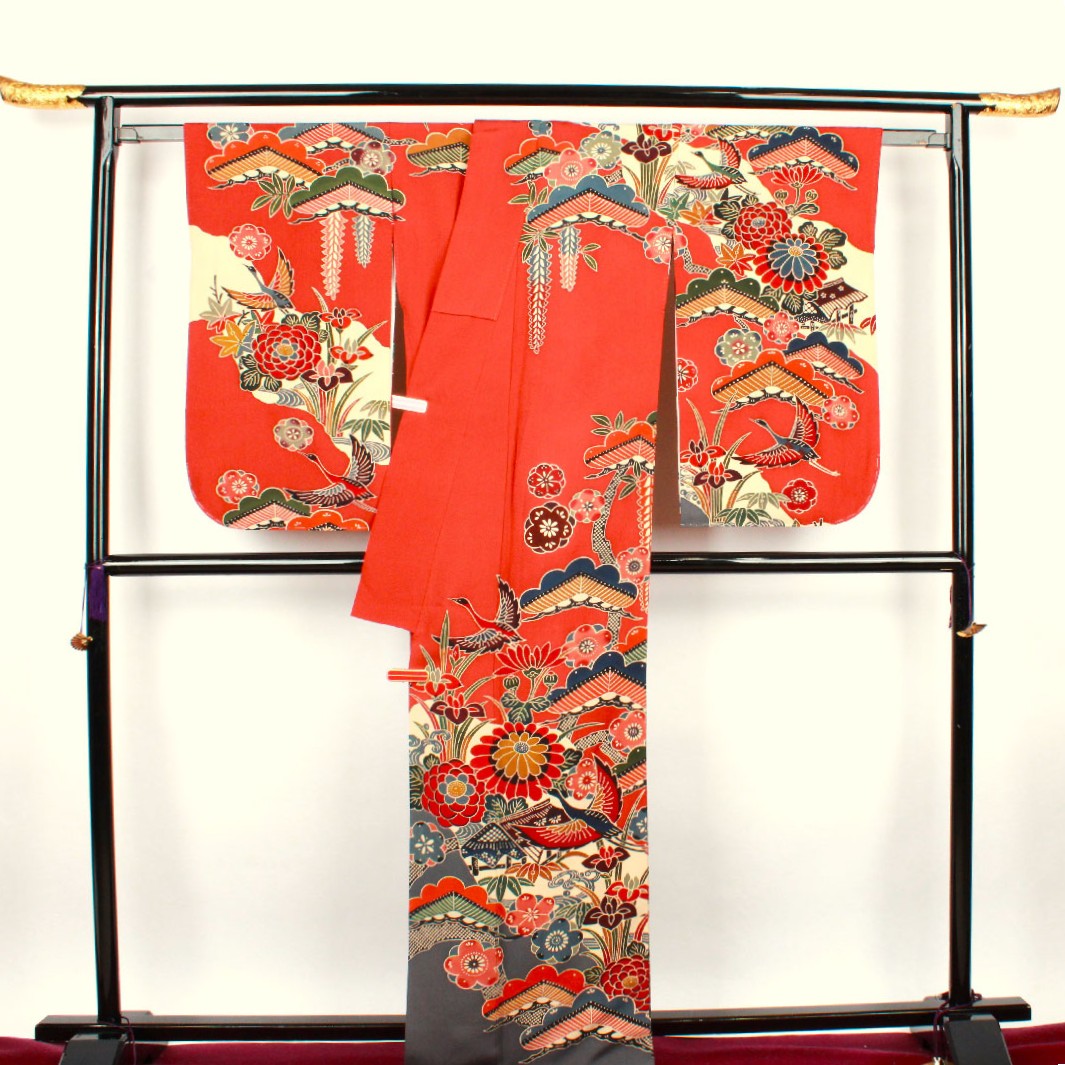 振袖 身丈168cm 裄丈67cm 袷 弁柄色 京紅型 小振袖 正絹 Sランク 赤系 1113000852512