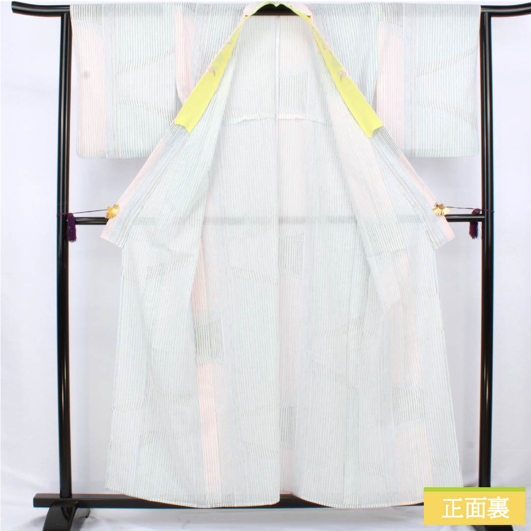 夏物 ポリエステル 小紋 身丈157.5cm 裄丈64.5cm 縞 洗える着物 刺繍 紗 Sランク 白系 1132002552311