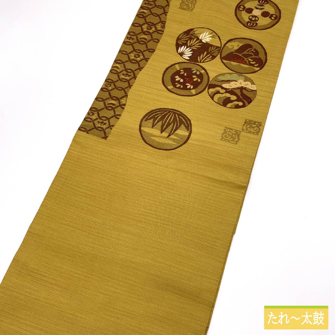 名古屋帯 黄土色(おうどいろ) 丸紋 松 帯丈371cm 正絹 Sランク ポイント柄 カジュアル 黄系 1124008002323 名古屋仕立て