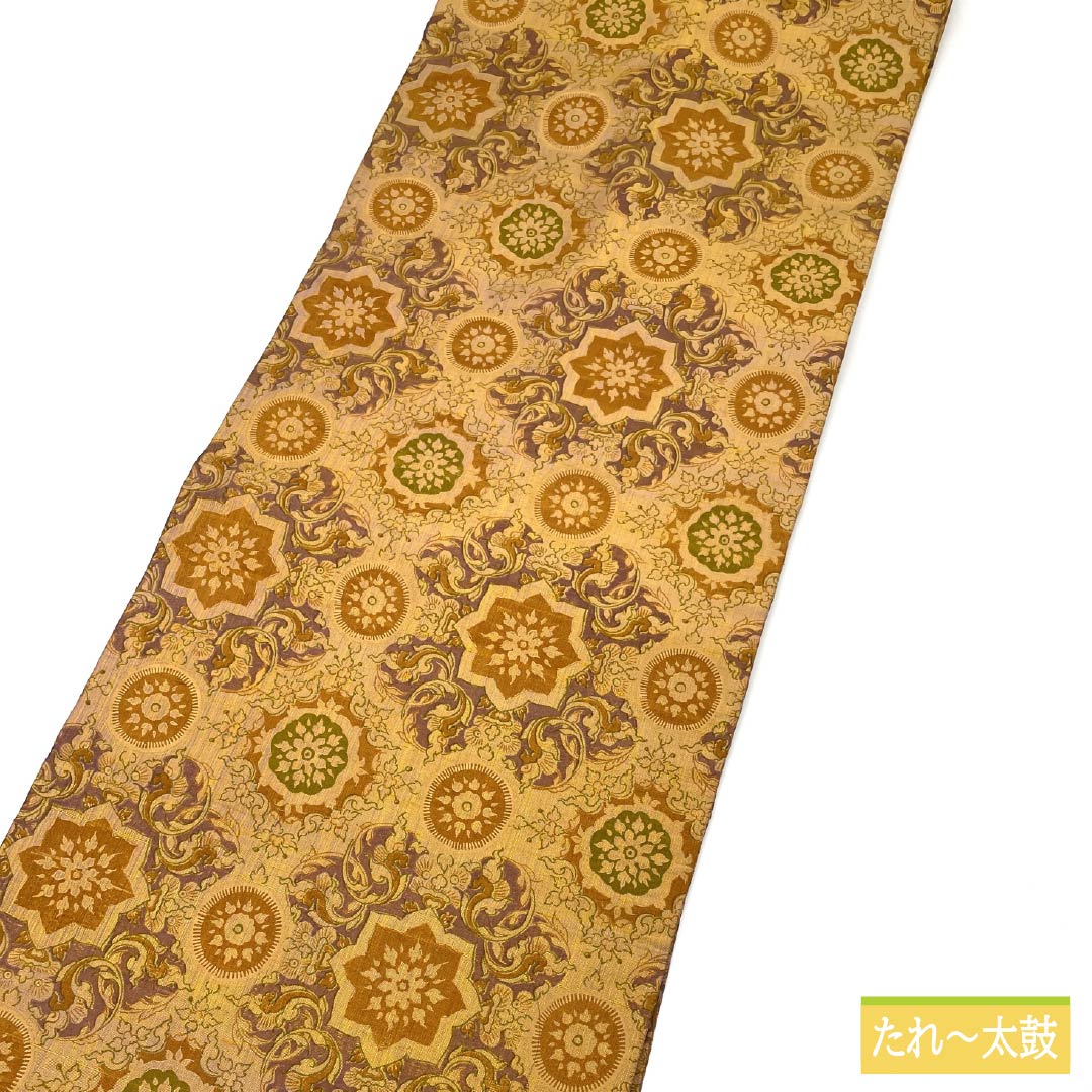 Nagoya obi, dyed obi, pongee fabric, floral pattern, obi length 380cm, pure silk, S rank, full length, casual, gold, 1124007822421, Nagoya style