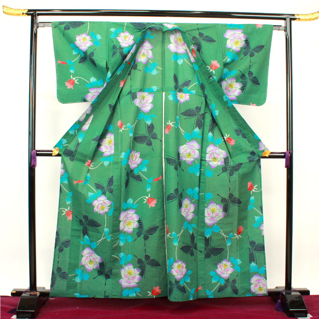 浴衣 萌葱色 薔薇 蝶 木綿 Sランク 単衣 身丈162cm 裄丈64cm 緑系 1118002852419