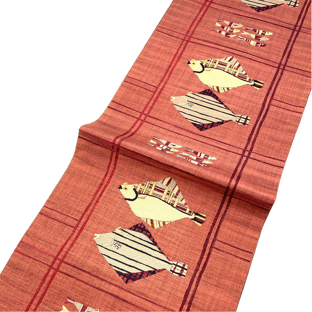 袋帯 魚柄 抽象模様 帯丈436cm 正絹 Sランク 六通 カジュアル 赤系 1123004132312