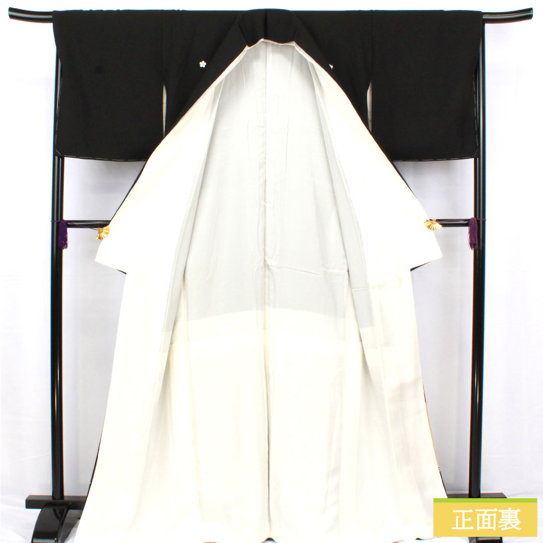 Black formal kimono, pure silk, length 167cm, sleeve length 67cm, lined, Kyoto yuzen, floral pattern, five crests, plum blossom, S rank, black, 1111001642510